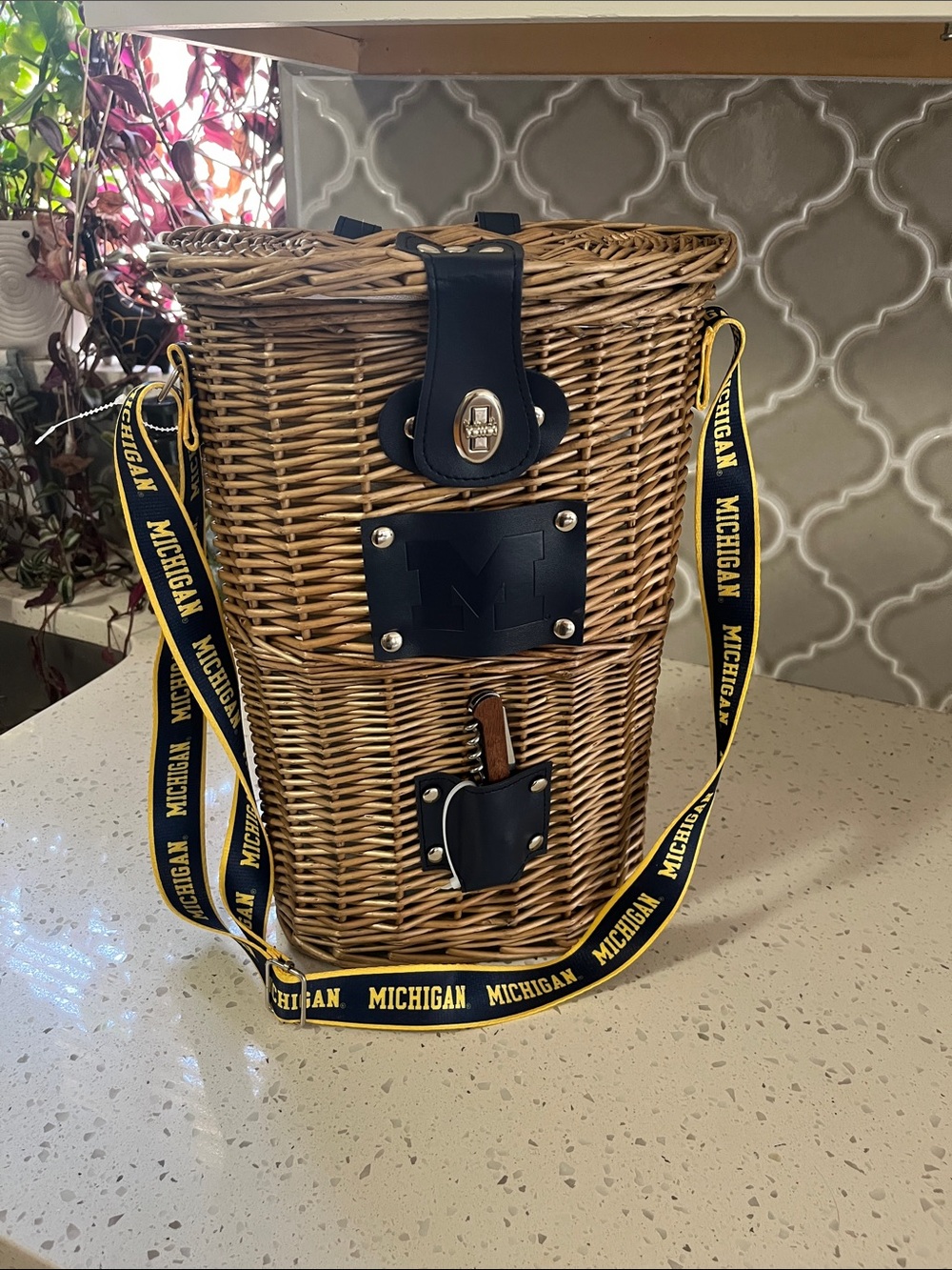 University of Michigan wicker wine basket new